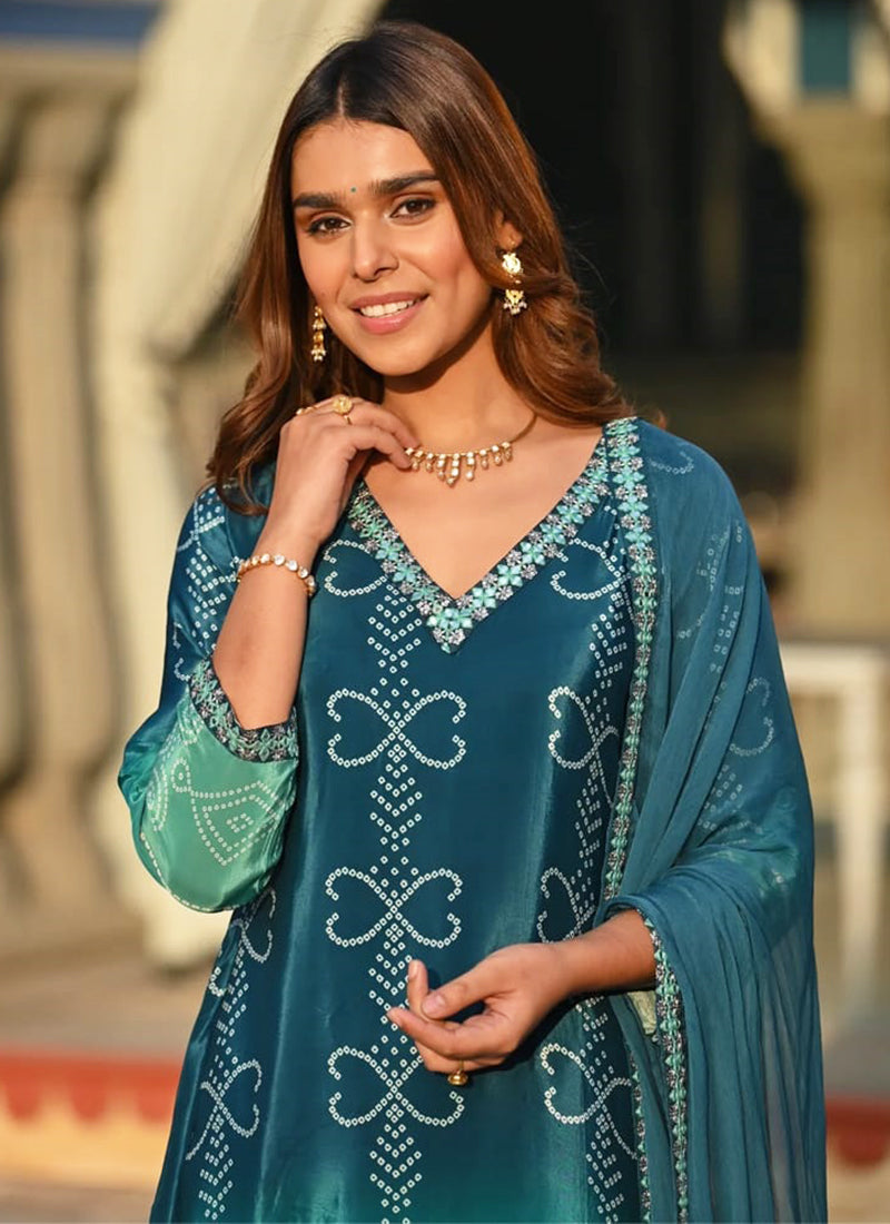 Vellora Chinon Silk Blue Festival Wear Embroidery Work Readymade Kurti Set - Distacart
