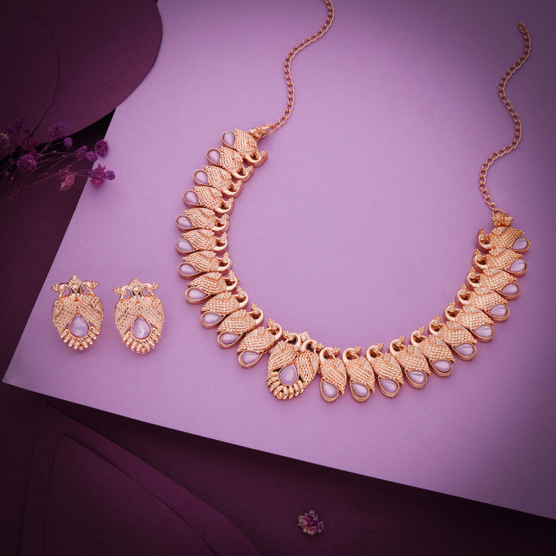 Tehzeeb Creations Rose Gold Lavender Colour Necklace With Pair Of Earrings