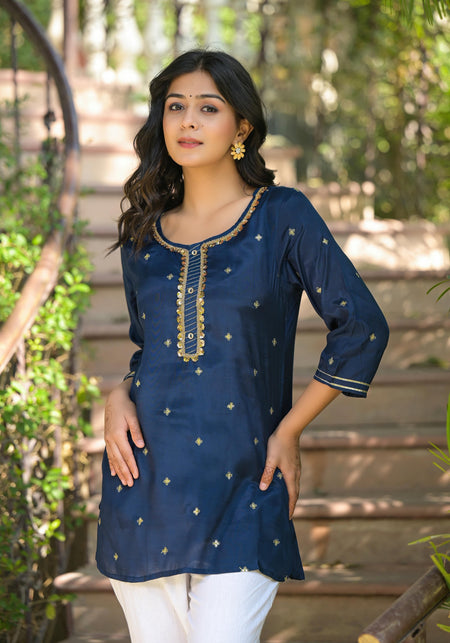 Juniper Women's Navy Zari Embroidered Viscose Tunic With Sequins