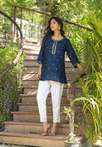 Juniper Women's Navy Zari Embroidered Viscose Tunic With Sequins