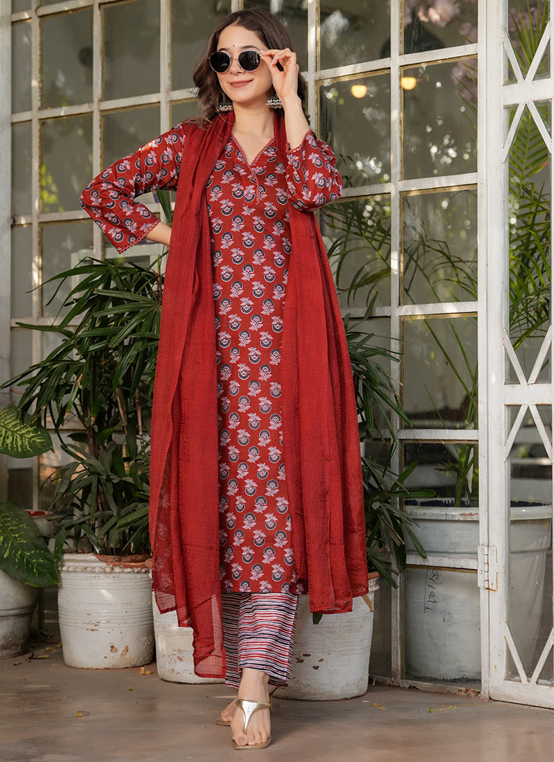 Vellora Cotton Red Daily Wear Printed Readymade Suit - Distacart