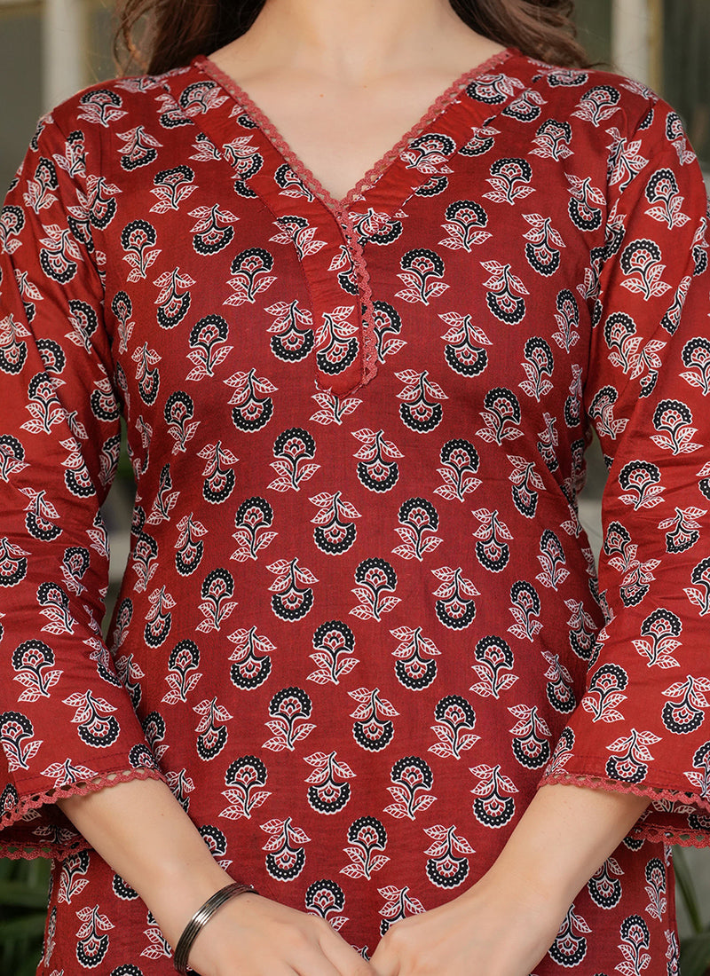 Vellora Cotton Red Daily Wear Printed Readymade Suit - Distacart