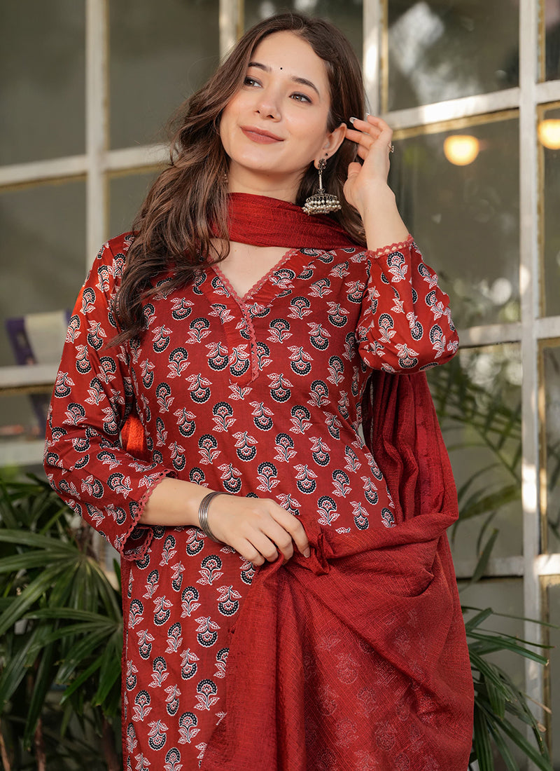 Vellora Cotton Red Daily Wear Printed Readymade Suit - Distacart