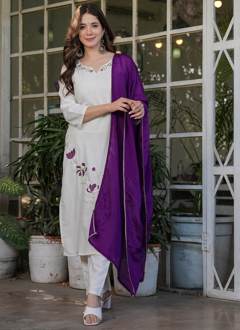Vellora Viscose Rayon White Daily Wear Embroidery Work Readymade Straight Suit - Distacart