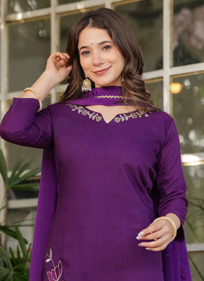 Vellora Viscose Rayon Purple Daily Wear Embroidery Work Readymade Straight Suit - Distacart