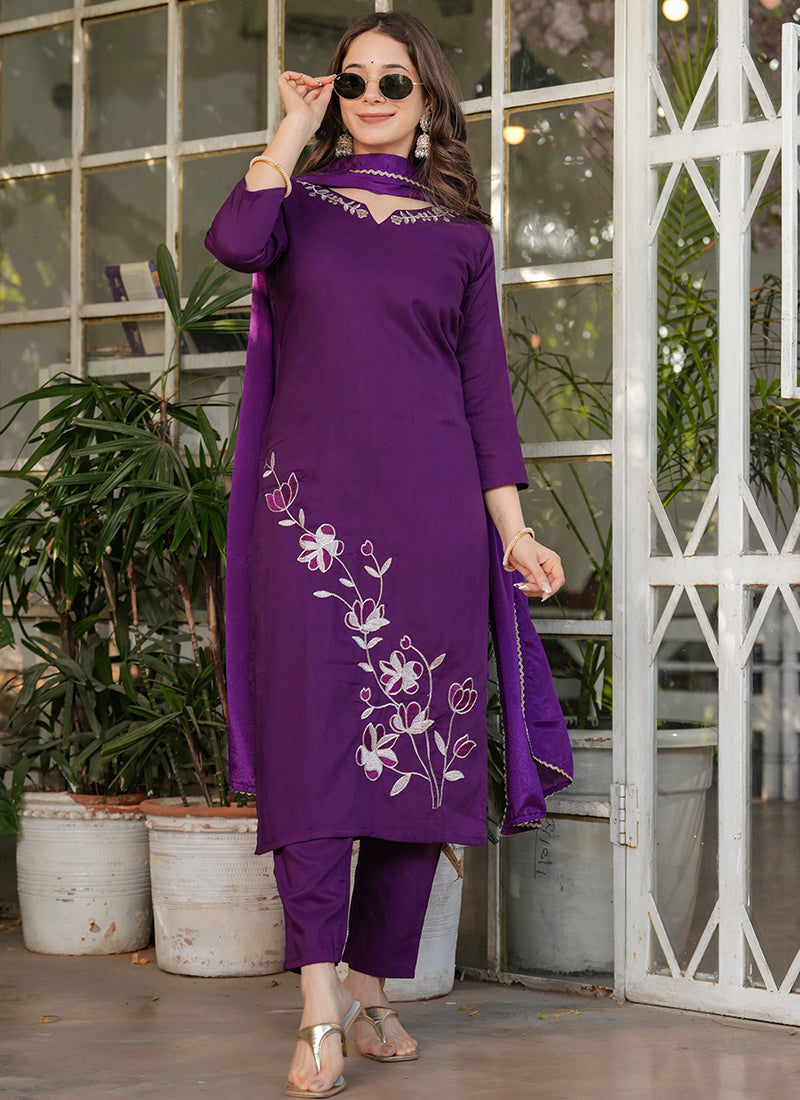 Vellora Viscose Rayon Purple Daily Wear Embroidery Work Readymade Straight Suit - Distacart