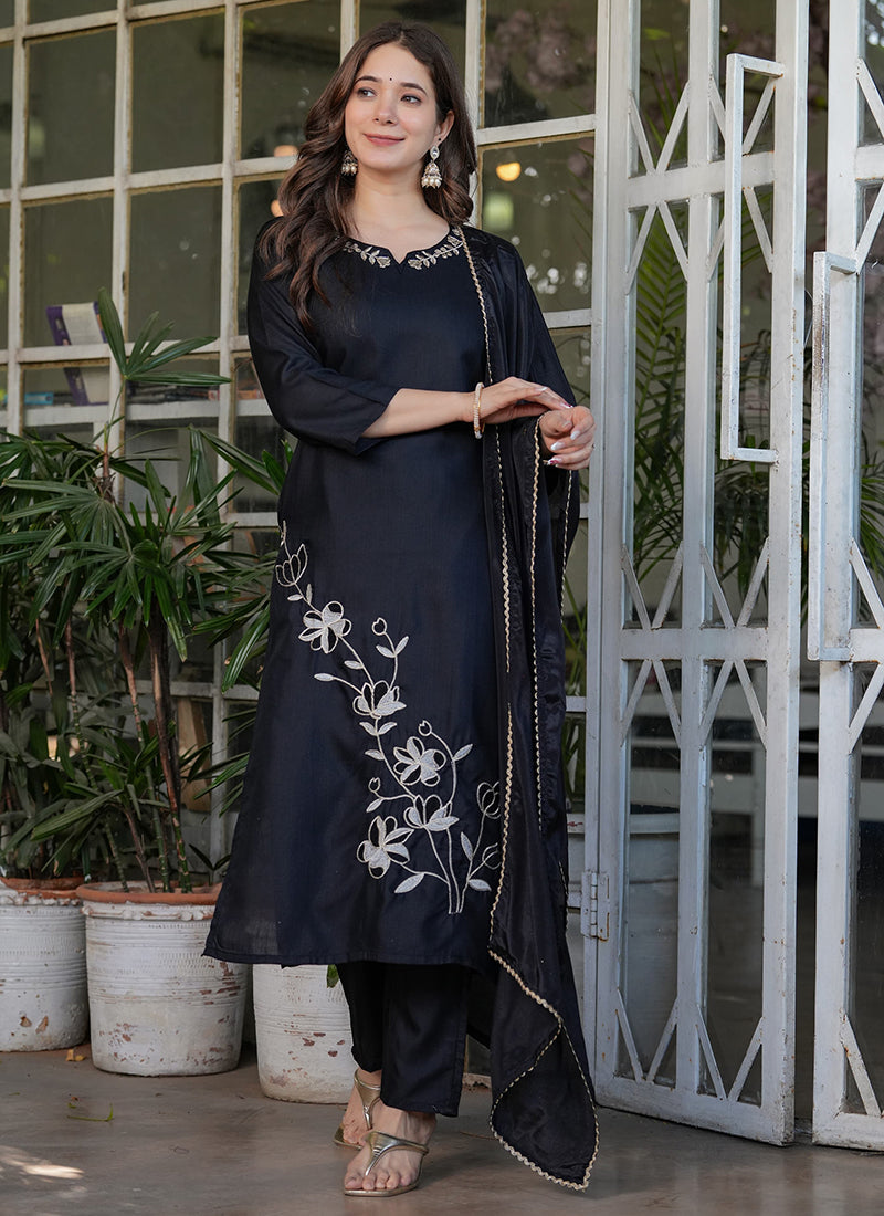 Vellora Viscose Rayon Black Daily Wear Embroidery Work Readymade Straight Suit - Distacart