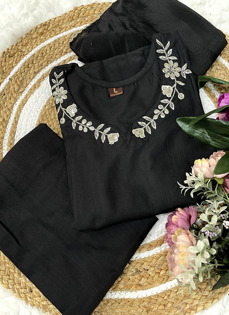 Vellora Viscose Rayon Black Daily Wear Embroidery Work Readymade Straight Suit - Distacart