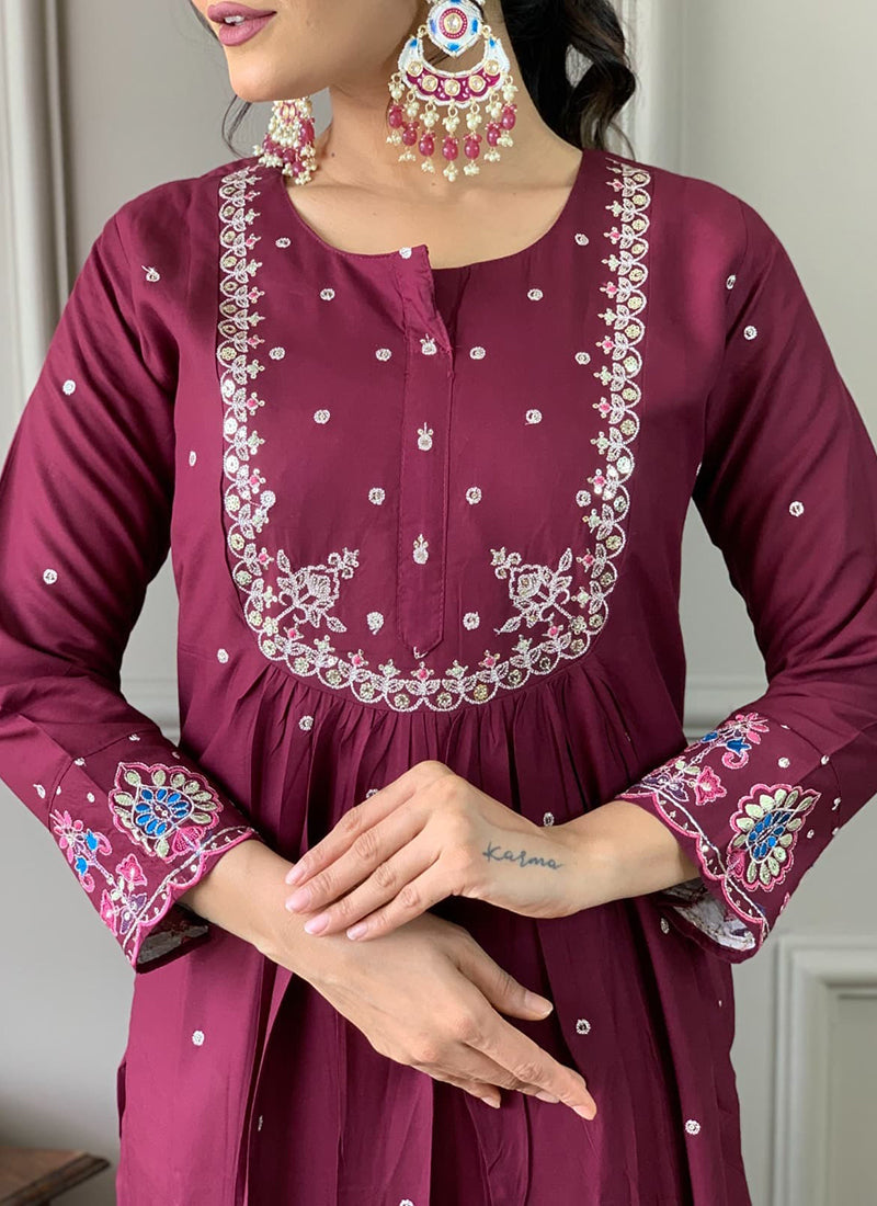 Vellora Viscose Chanderi Wine Daily Wear Embroidery Work Readymade Straight Suit - Distacart