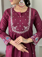 Vellora Viscose Chanderi Wine Daily Wear Embroidery Work Readymade Straight Suit - Distacart