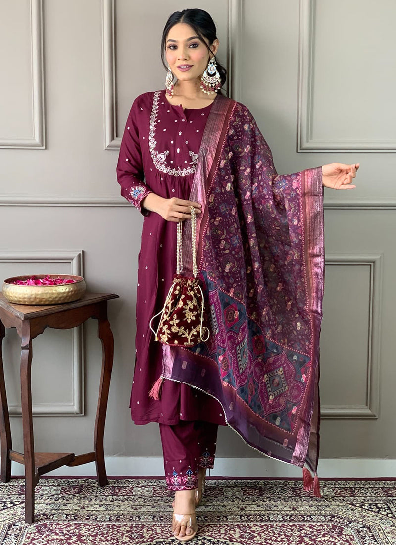 Vellora Viscose Chanderi Wine Daily Wear Embroidery Work Readymade Straight Suit - Distacart