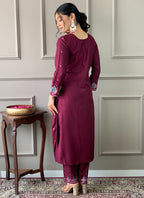 Vellora Viscose Chanderi Wine Daily Wear Embroidery Work Readymade Straight Suit - Distacart