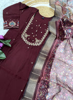 Vellora Viscose Chanderi Wine Daily Wear Embroidery Work Readymade Straight Suit - Distacart