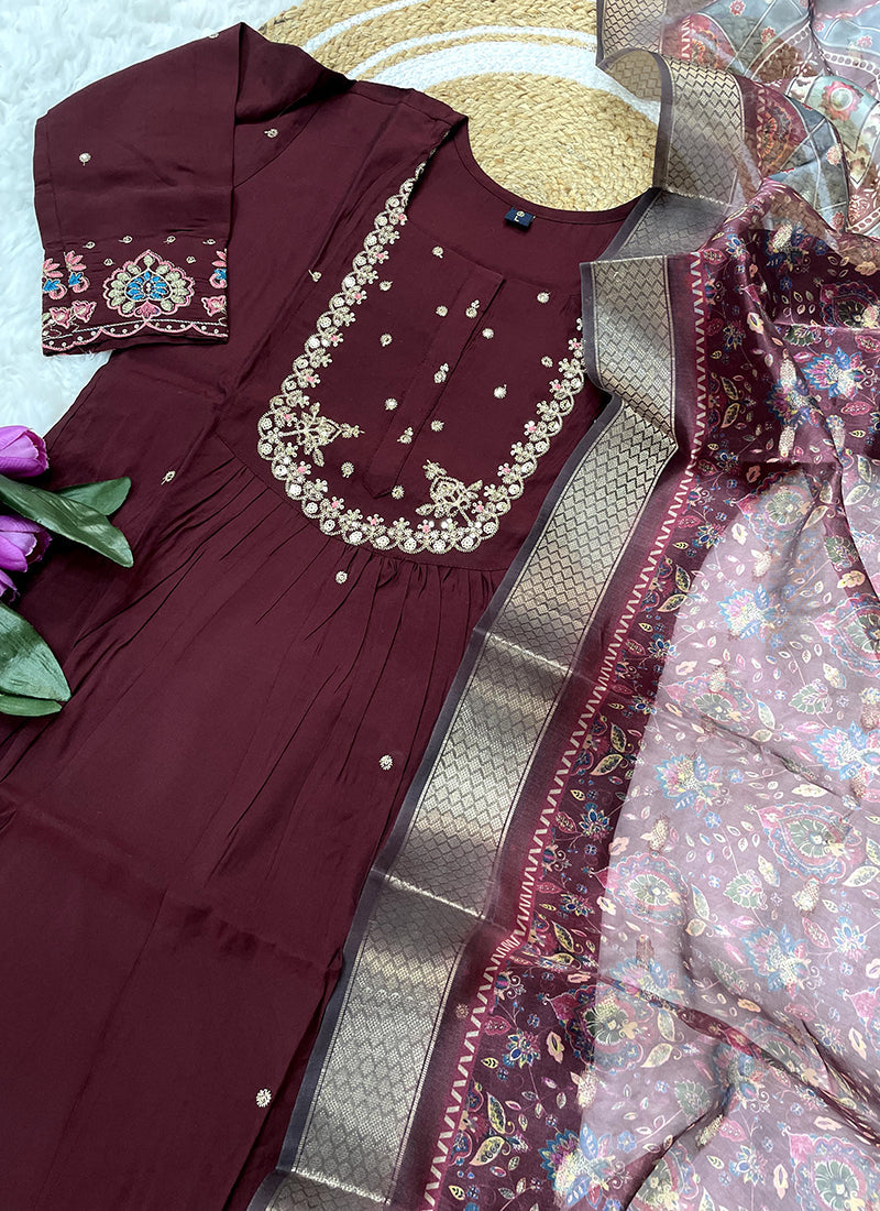 Vellora Viscose Chanderi Wine Daily Wear Embroidery Work Readymade Straight Suit - Distacart