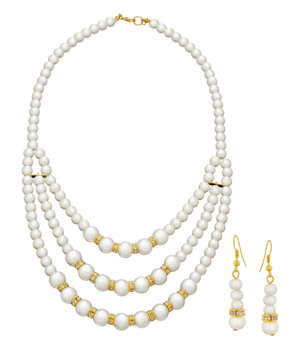 Gold-Polished Alloy Pearl Tripple Layer Necklace Set - The Pari