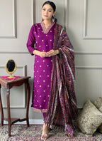 Vellora Viscose Chanderi Magenta Casual Wear Embroidery Work Readymade Suit - Distacart