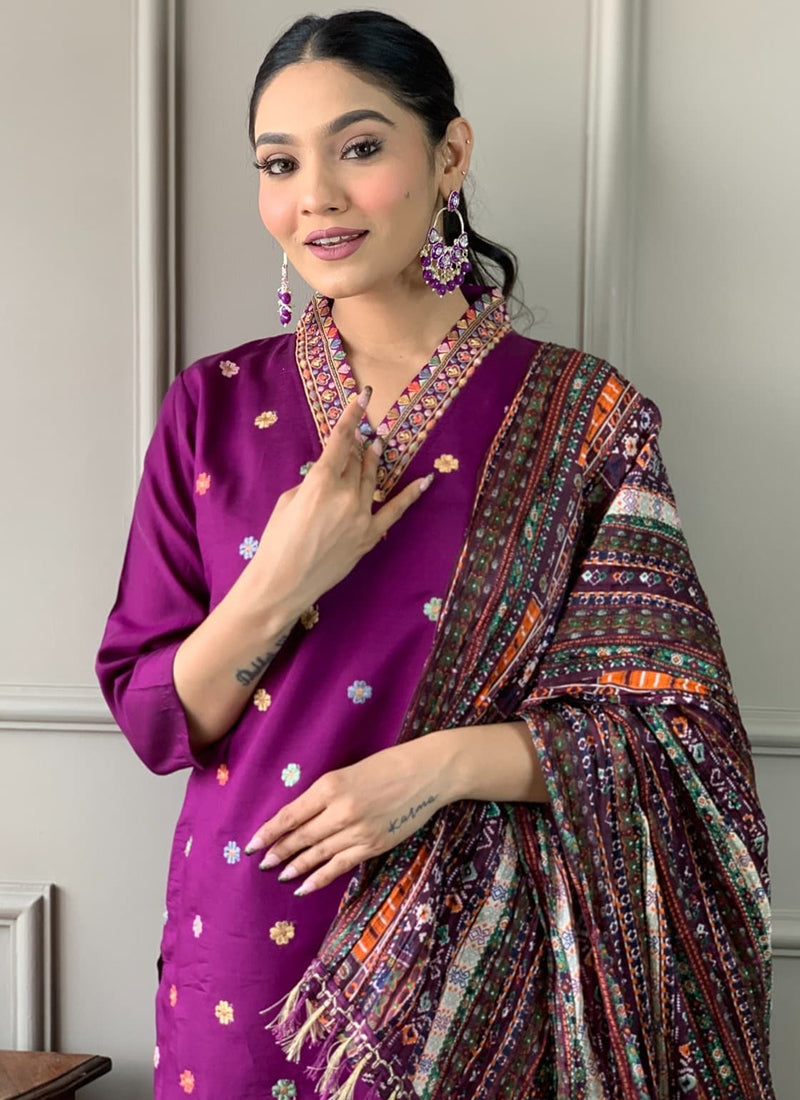 Vellora Viscose Chanderi Magenta Casual Wear Embroidery Work Readymade Suit - Distacart