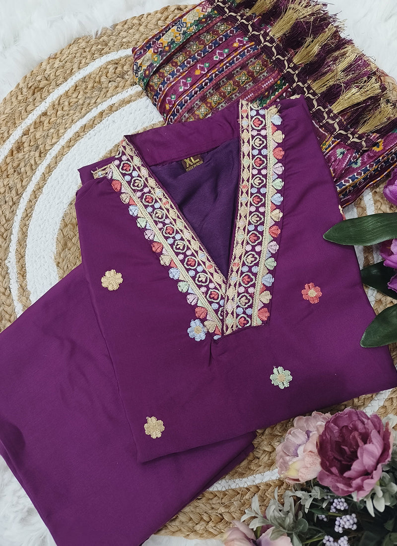 Vellora Viscose Chanderi Magenta Casual Wear Embroidery Work Readymade Suit - Distacart