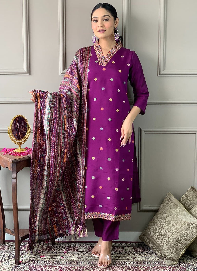 Vellora Viscose Chanderi Magenta Casual Wear Embroidery Work Readymade Suit - Distacart