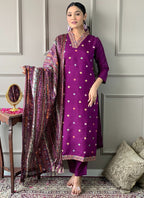 Vellora Viscose Chanderi Magenta Casual Wear Embroidery Work Readymade Suit - Distacart