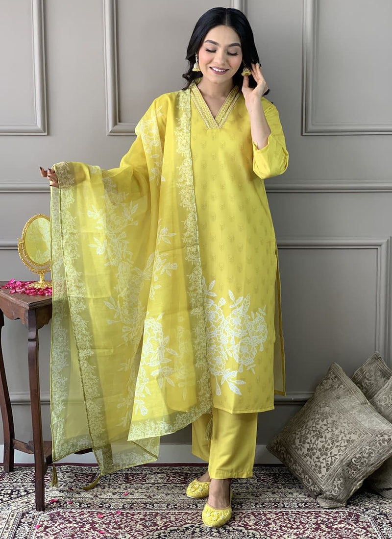 Vellora Viscose Rayon Yellow Casual Wear Embroidery Work Readymade Suit - Distacart