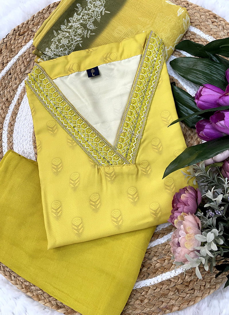 Vellora Viscose Rayon Yellow Casual Wear Embroidery Work Readymade Suit - Distacart