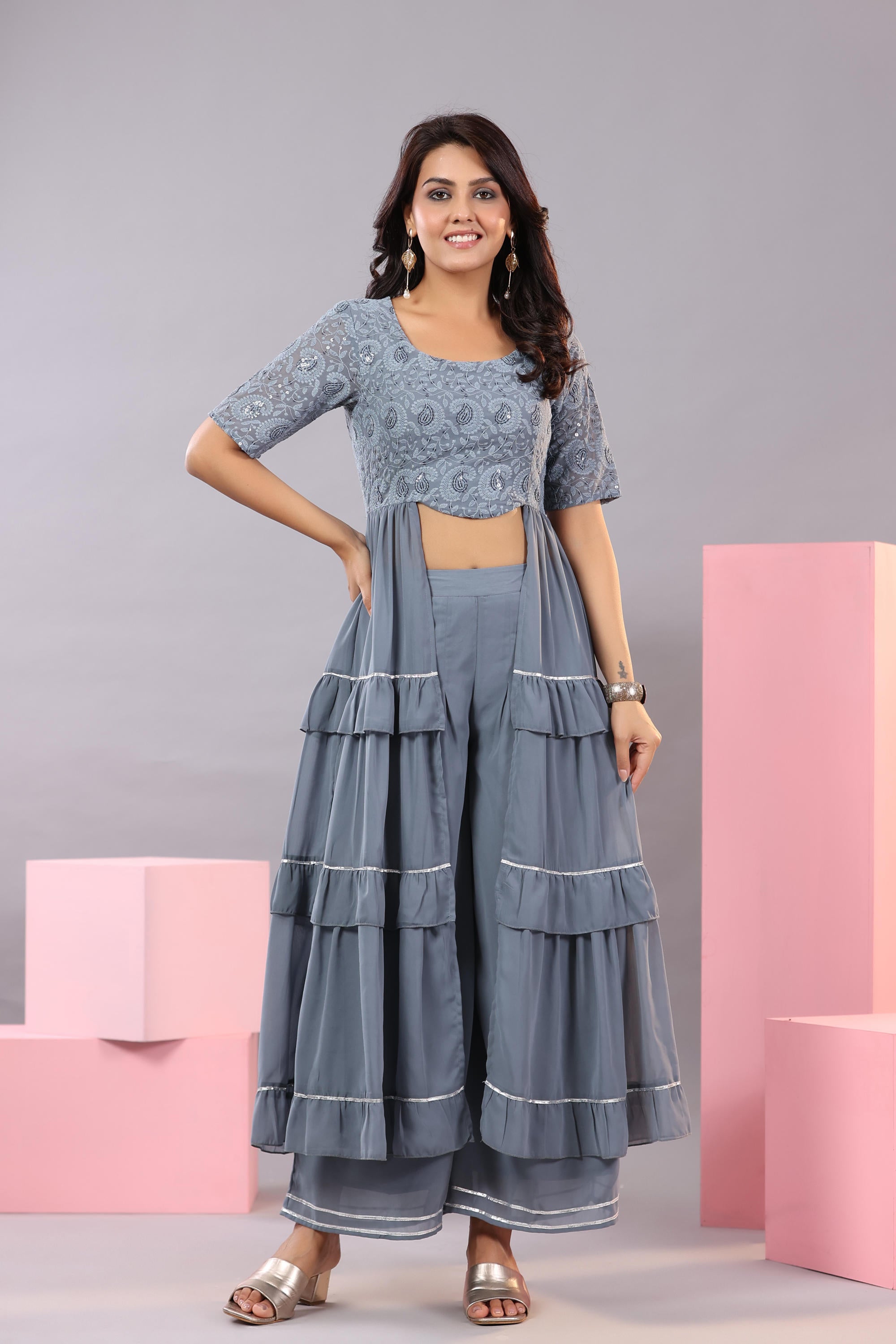Juniper Women's Grey Thread Embroidered Georgette Dress & Palazzo Set With Sequins & Lace