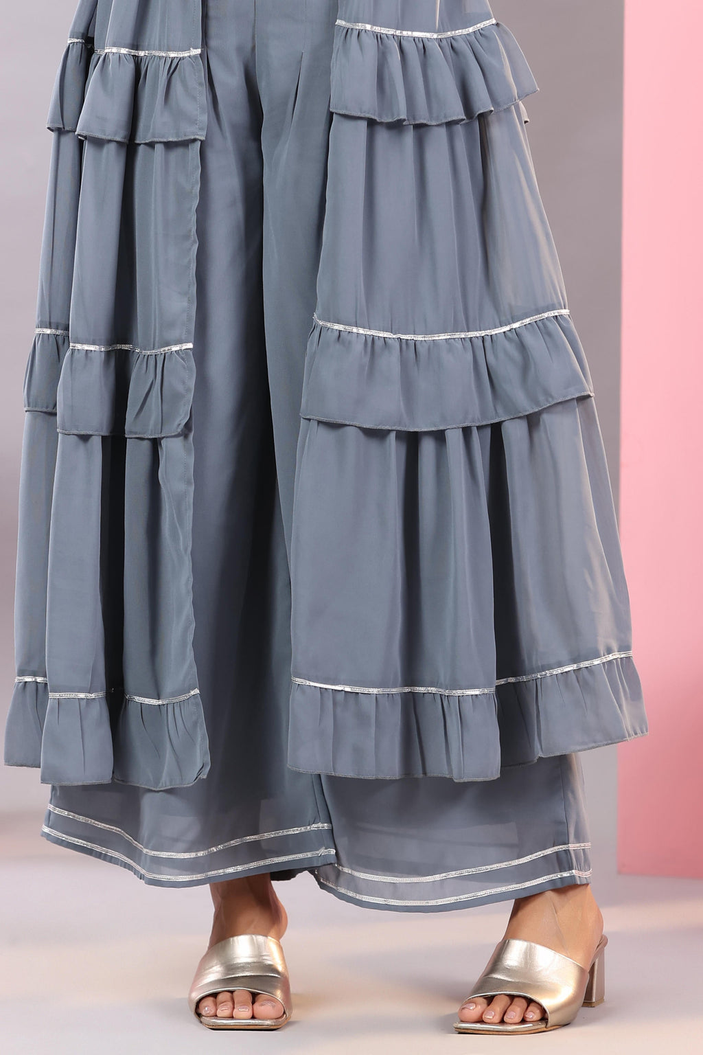 Juniper Women's Grey Thread Embroidered Georgette Dress & Palazzo Set With Sequins & Lace