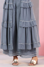 Juniper Women's Grey Thread Embroidered Georgette Dress & Palazzo Set With Sequins & Lace