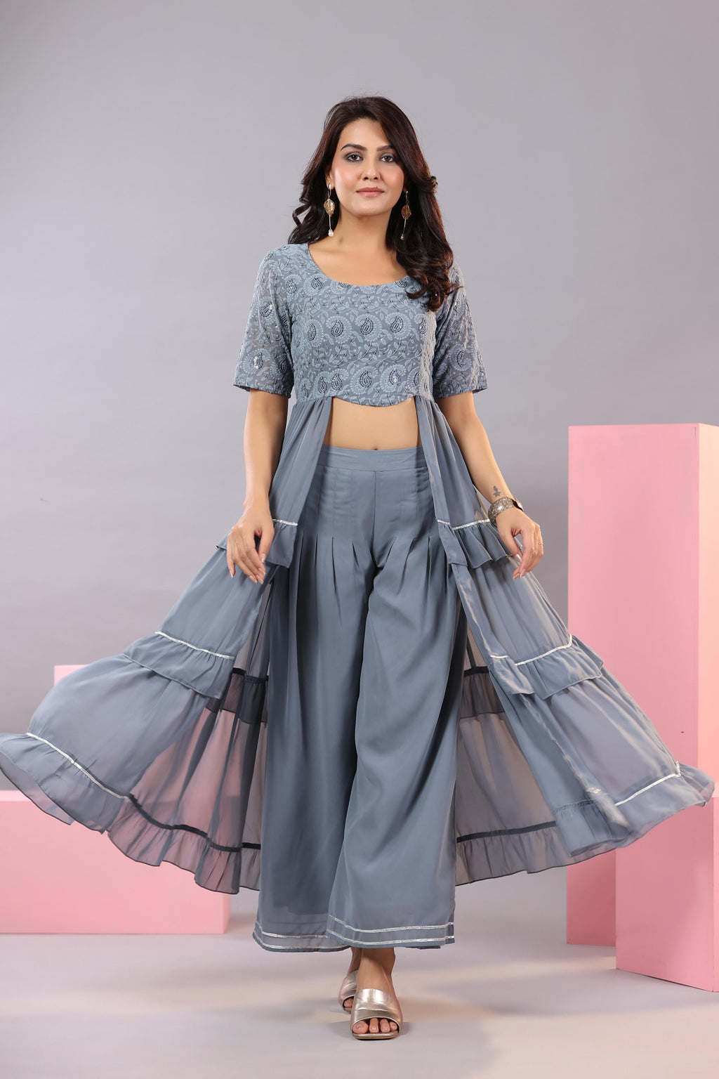 Juniper Women's Grey Thread Embroidered Georgette Dress & Palazzo Set With Sequins & Lace