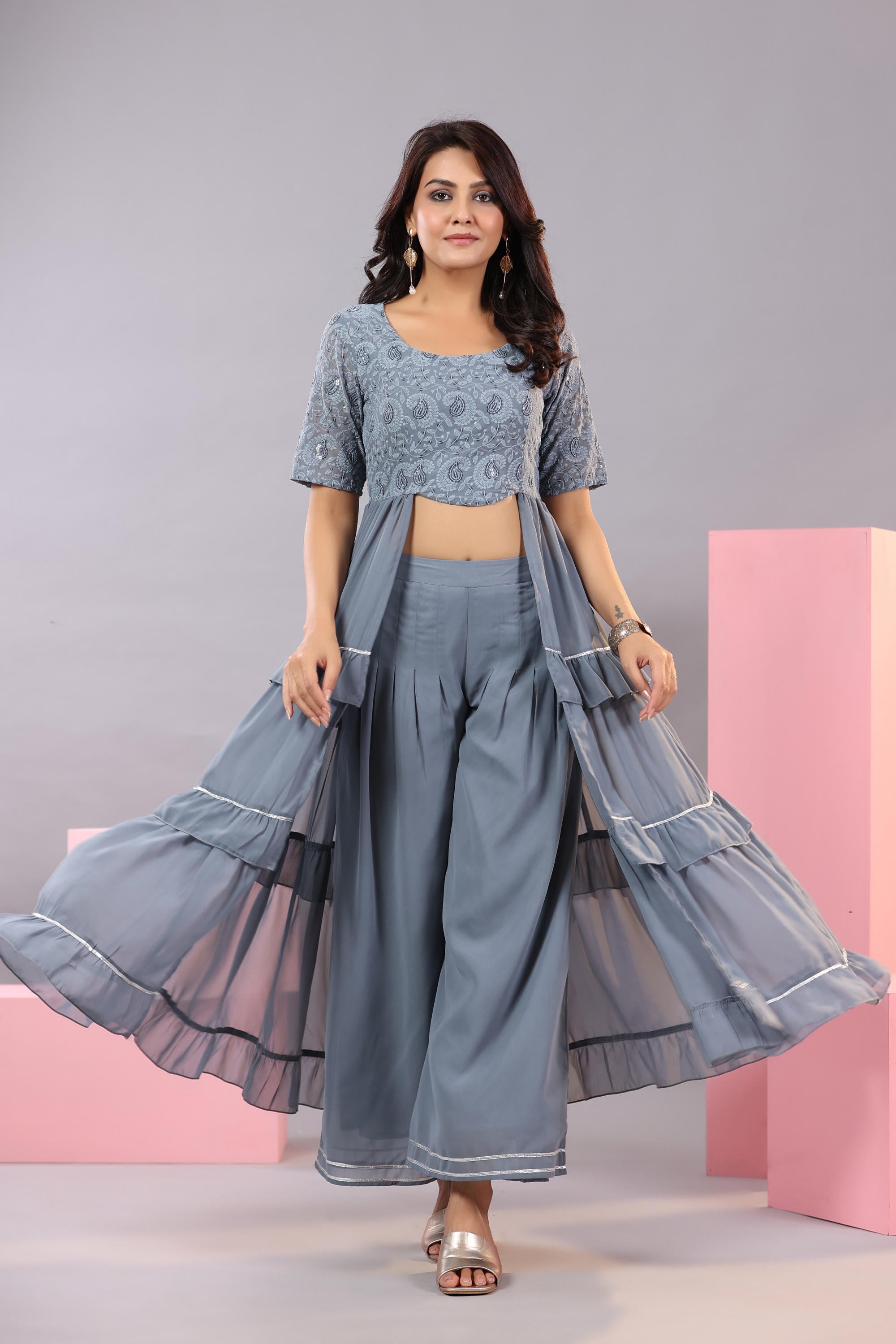 Juniper Women's Grey Thread Embroidered Georgette Dress & Palazzo Set With Sequins & Lace