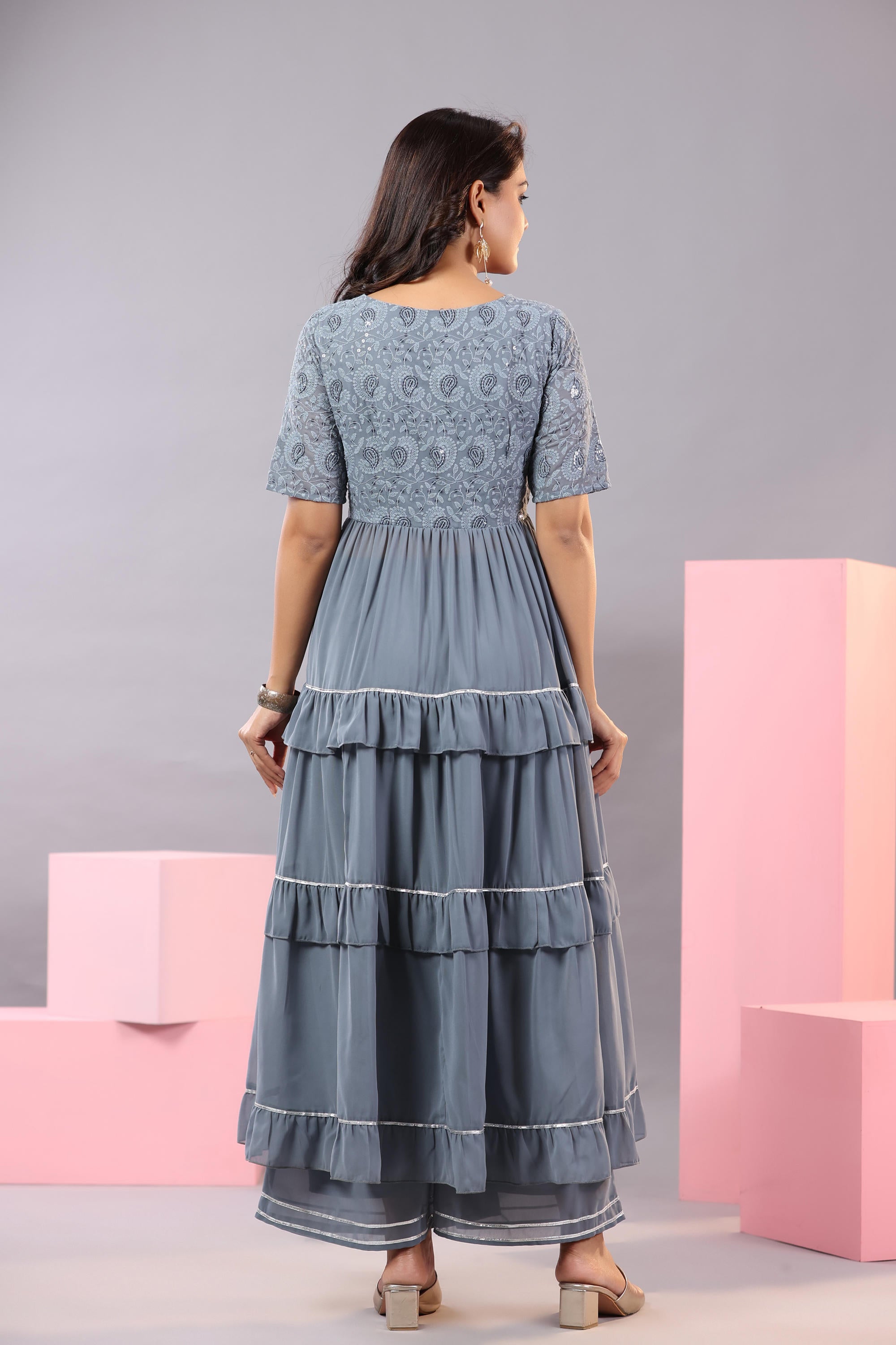 Juniper Women's Grey Thread Embroidered Georgette Dress & Palazzo Set With Sequins & Lace