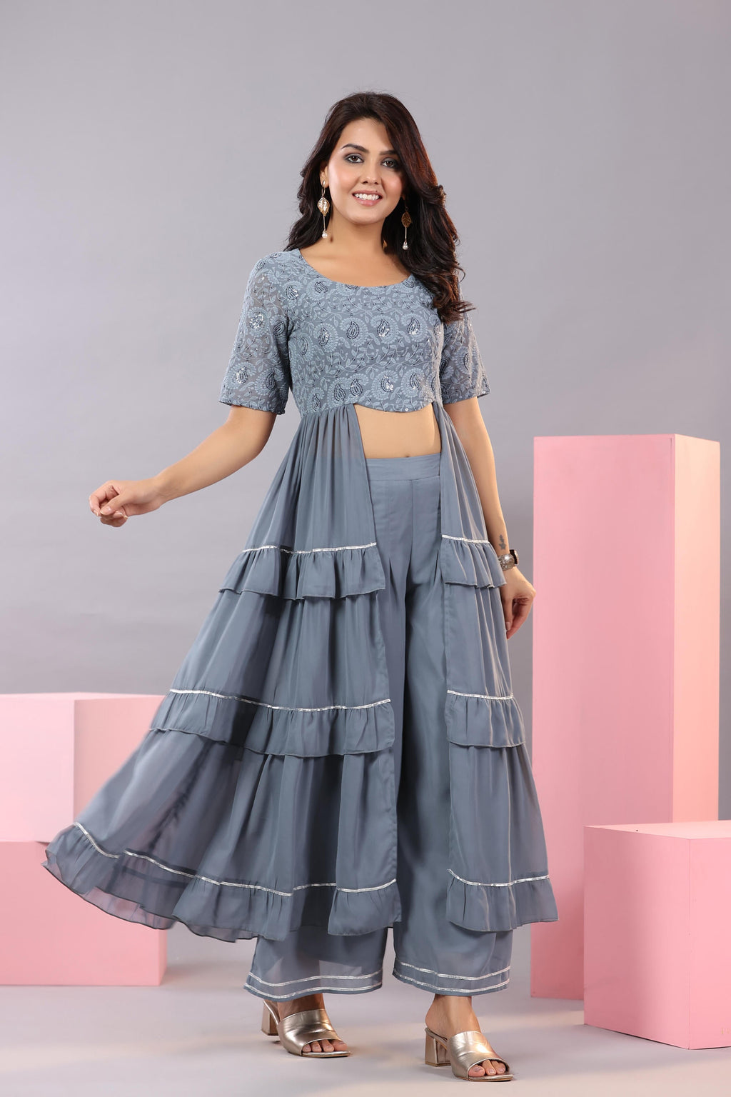 Juniper Women's Grey Thread Embroidered Georgette Dress & Palazzo Set With Sequins & Lace