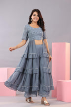 Juniper Women's Grey Thread Embroidered Georgette Dress & Palazzo Set With Sequins & Lace