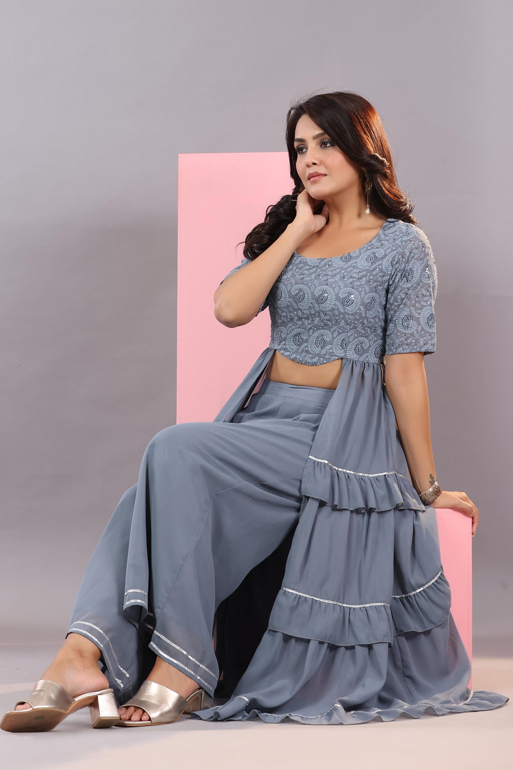 Juniper Women's Grey Thread Embroidered Georgette Dress & Palazzo Set With Sequins & Lace
