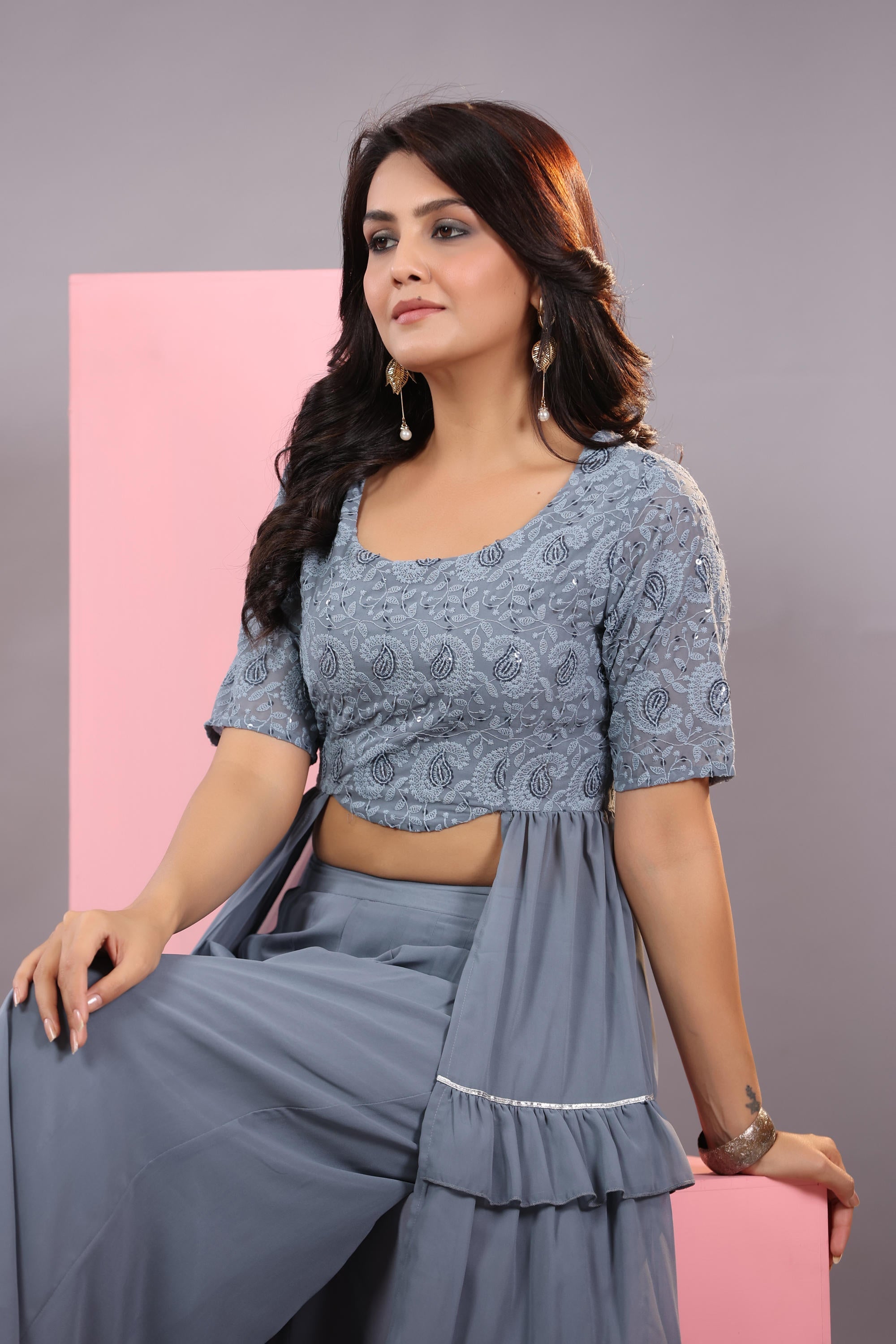 Juniper Women's Grey Thread Embroidered Georgette Dress & Palazzo Set With Sequins & Lace