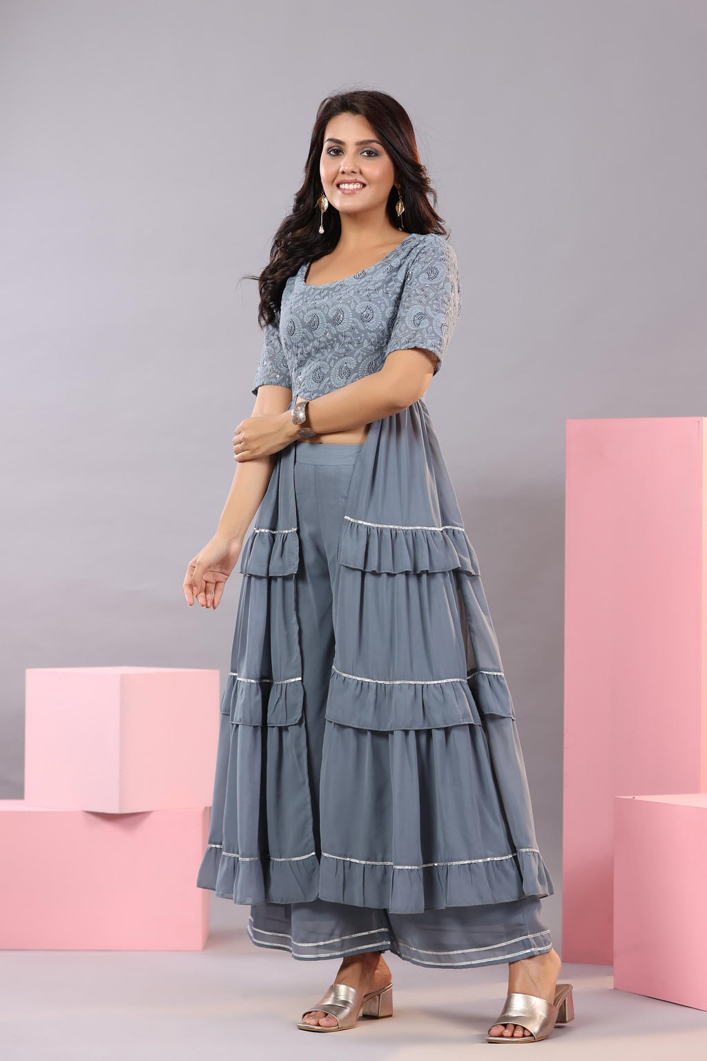 Juniper Women's Grey Thread Embroidered Georgette Dress & Palazzo Set With Sequins & Lace