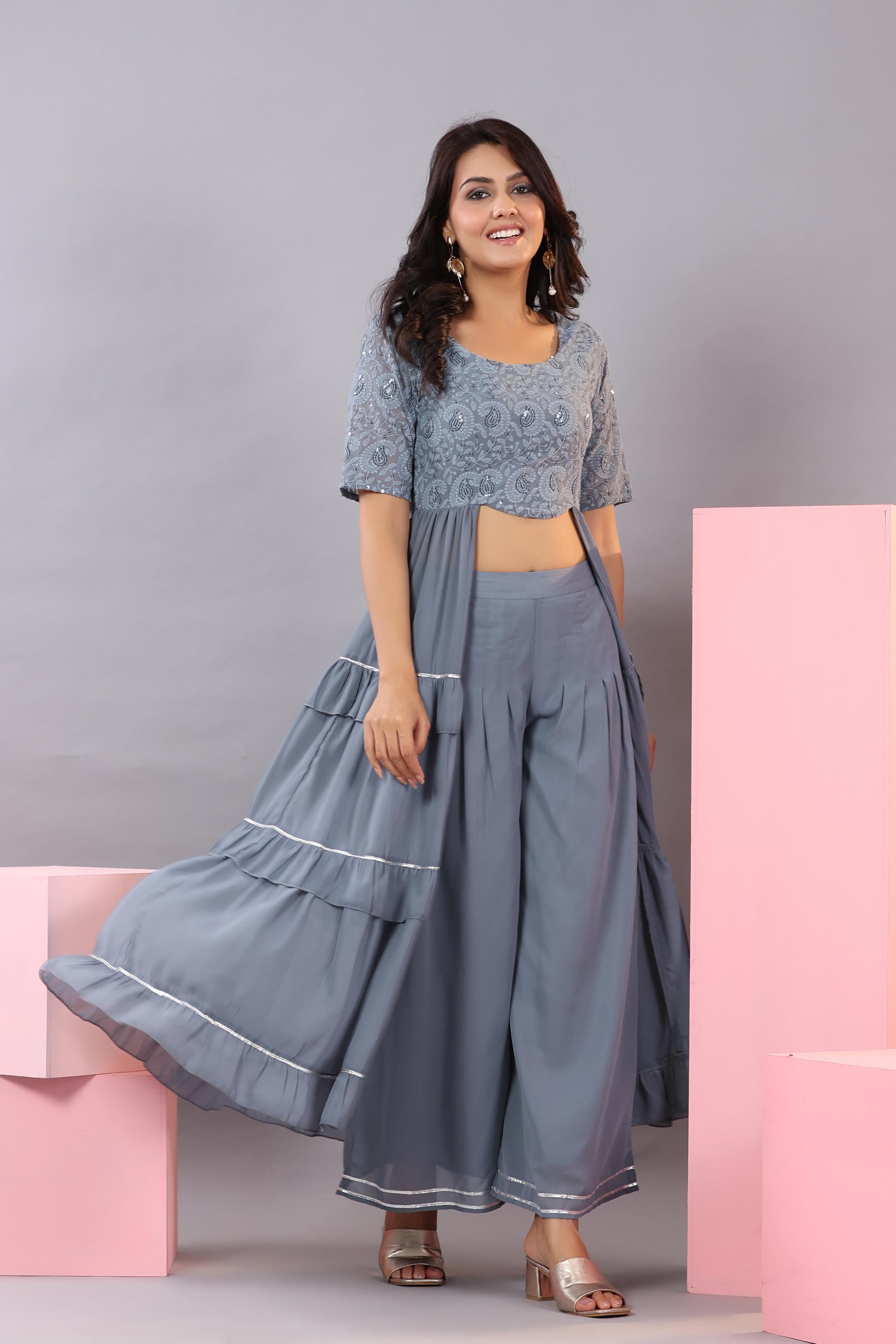Juniper Women's Grey Thread Embroidered Georgette Dress & Palazzo Set With Sequins & Lace