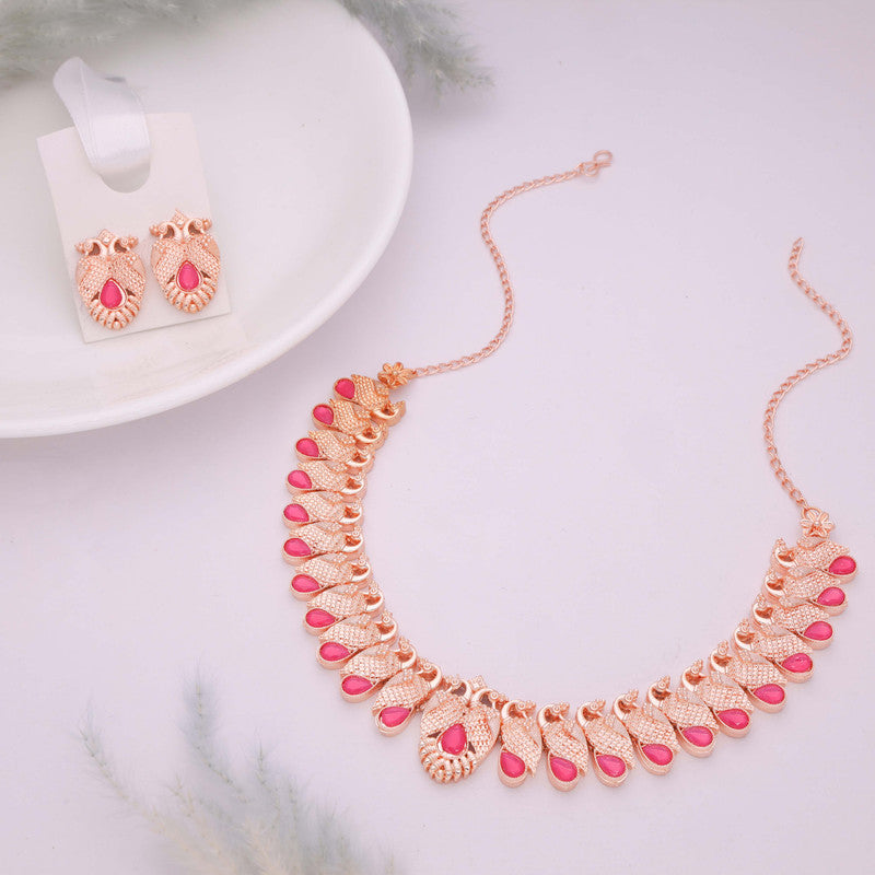 Tehzeeb Creations Rose Gold Pink Colour Necklace With Pair Of Earrings