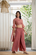 Juniper Women's Peach Solid Georgette Kurta Pant & Dupatta Set With Sequins & Thread Work