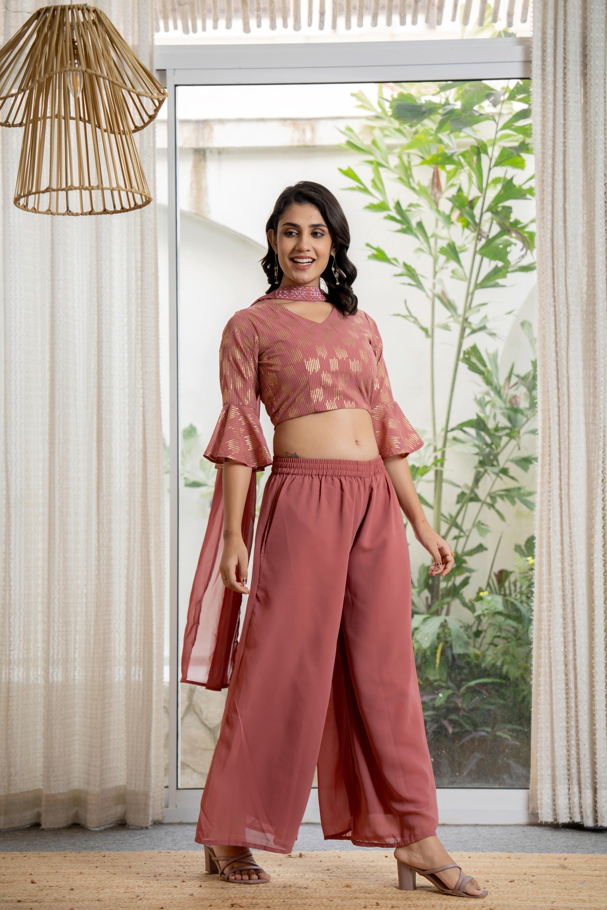 Juniper Women's Peach Solid Georgette Kurta Pant & Dupatta Set With Sequins & Thread Work
