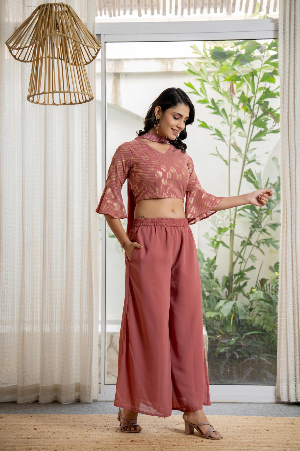 Juniper Women's Peach Solid Georgette Kurta Pant & Dupatta Set With Sequins & Thread Work