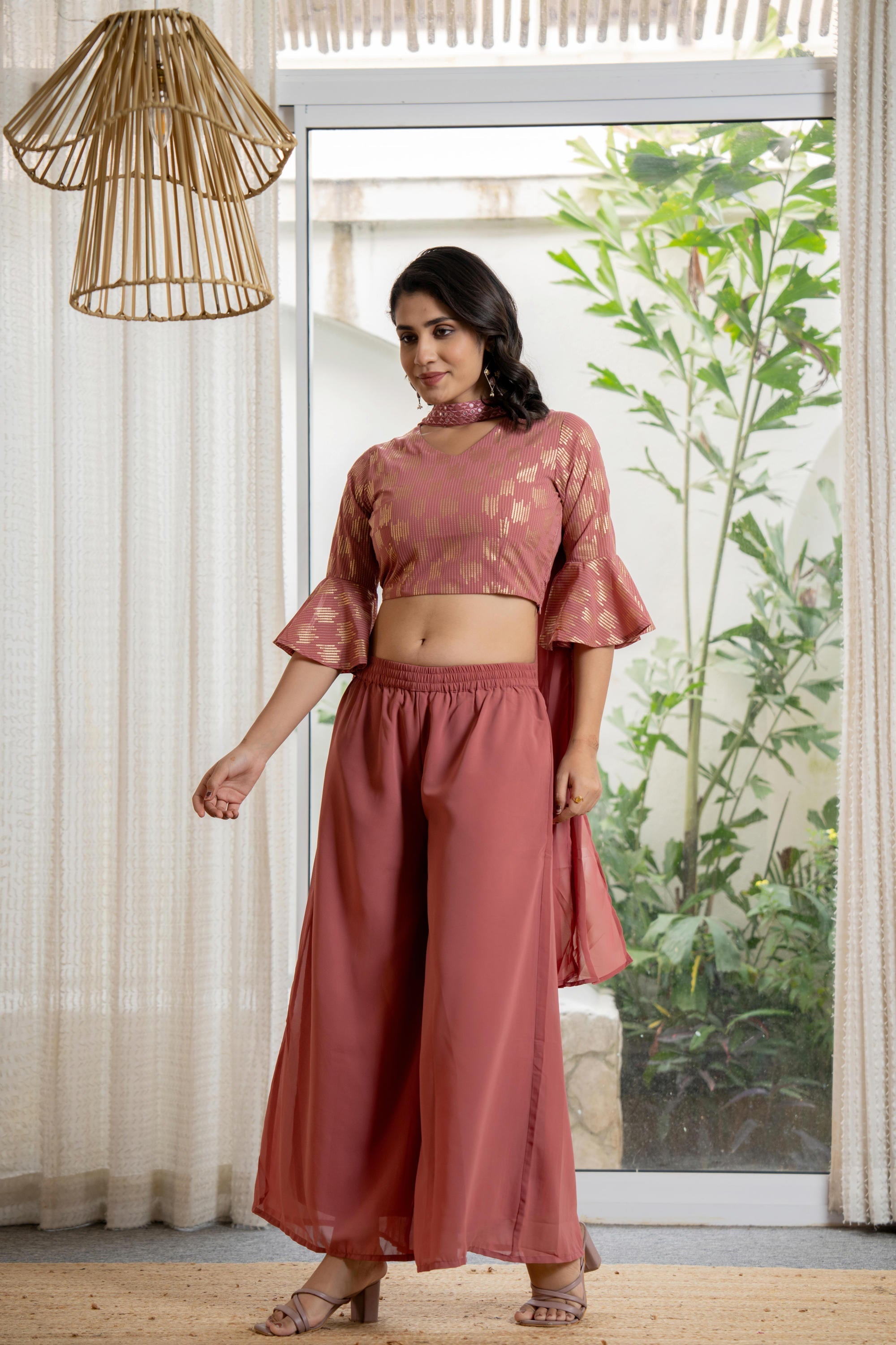 Juniper Women's Peach Solid Georgette Kurta Pant & Dupatta Set With Sequins & Thread Work