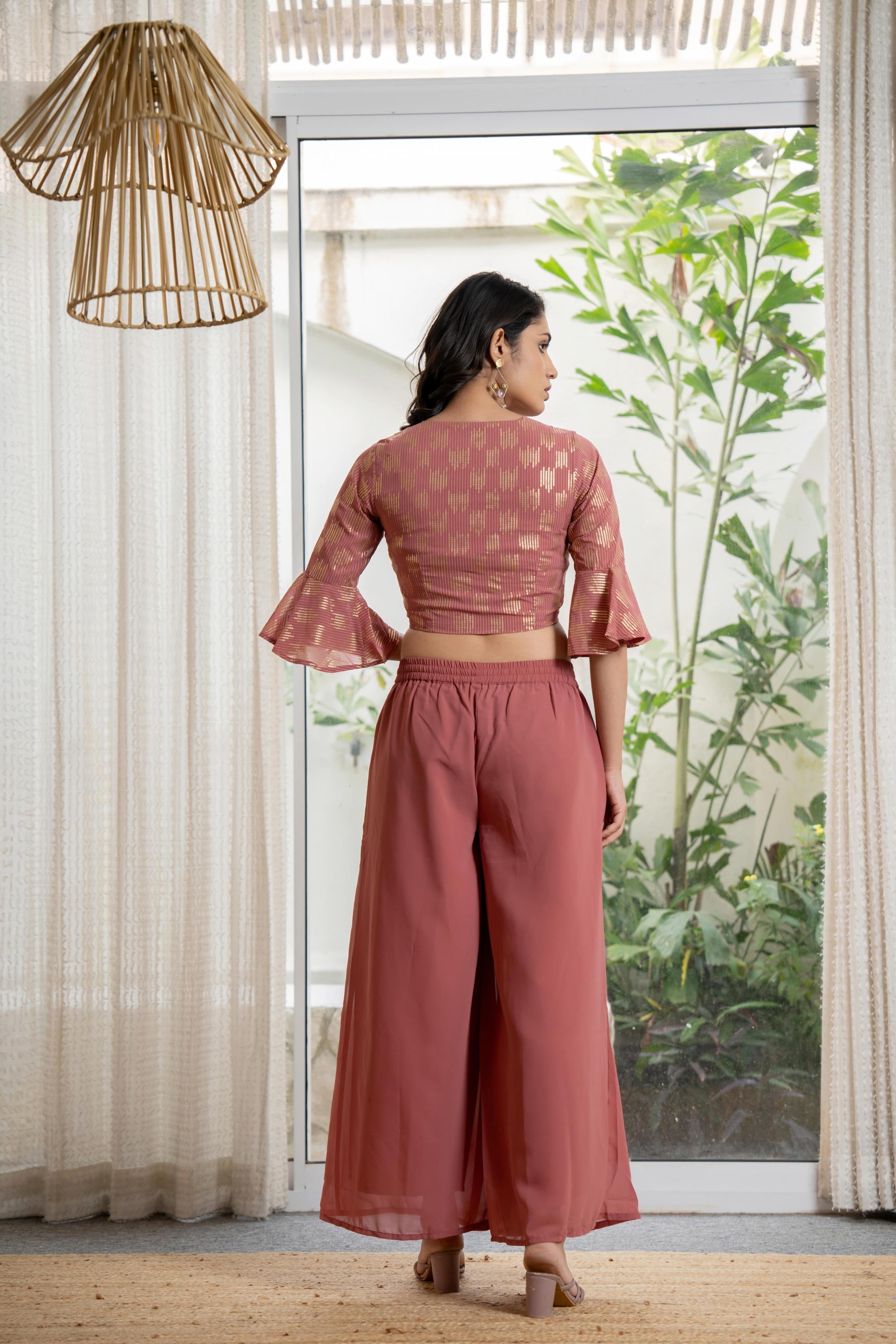 Juniper Women's Peach Solid Georgette Kurta Pant & Dupatta Set With Sequins & Thread Work