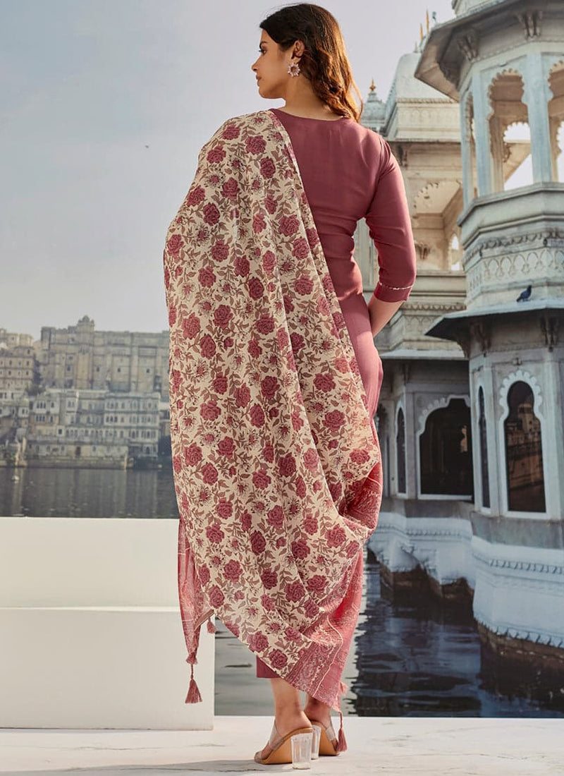 Vellora Cotton Silk Rose Pink Casual Wear Embroidery Work Readymade Suit - Distacart