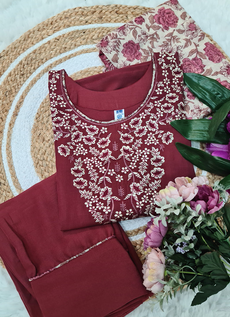 Vellora Cotton Silk Rose Pink Casual Wear Embroidery Work Readymade Suit - Distacart