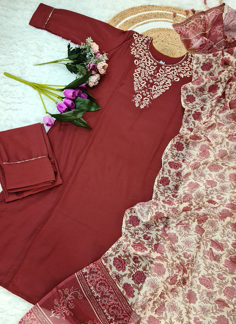 Vellora Cotton Silk Rose Pink Casual Wear Embroidery Work Readymade Suit - Distacart