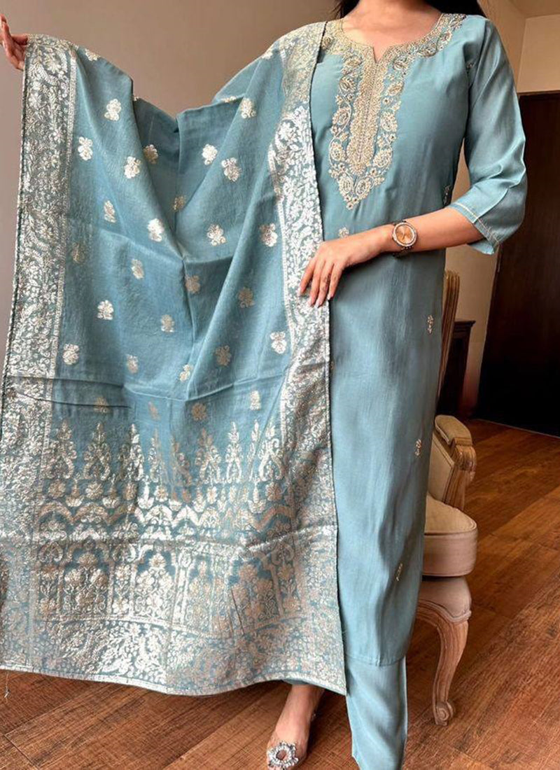 Vellora Viscose Chanderi Sky Blue Festival Wear Embroidery Work Readymade Suit - Distacart