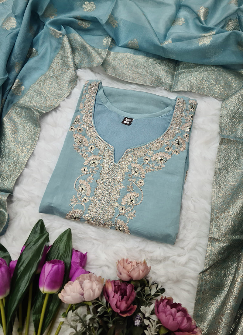 Vellora Viscose Chanderi Sky Blue Festival Wear Embroidery Work Readymade Suit - Distacart