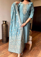 Vellora Viscose Chanderi Sky Blue Festival Wear Embroidery Work Readymade Suit - Distacart
